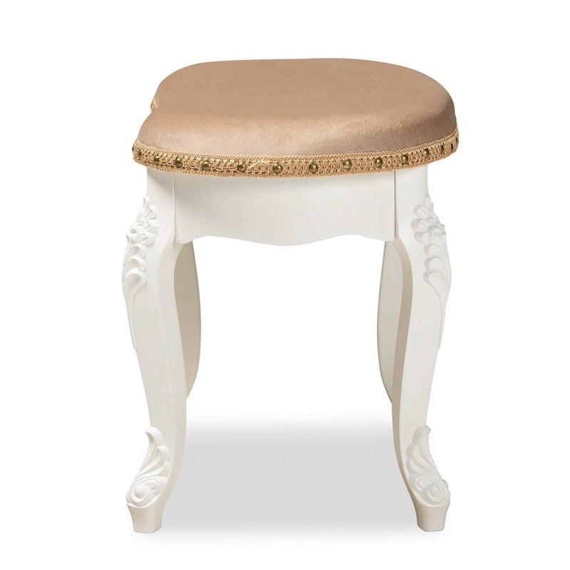 French Country Upholstered Vanity Ottoman with Nailhead Trim and Floral Detail