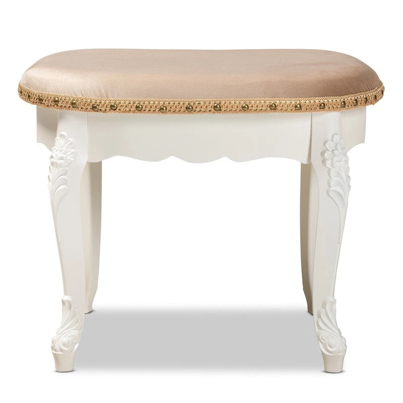 French Country Upholstered Vanity Ottoman with Nailhead Trim and Floral Detail