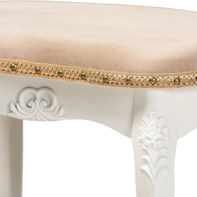 French Country Upholstered Vanity Ottoman with Nailhead Trim and Floral Detail