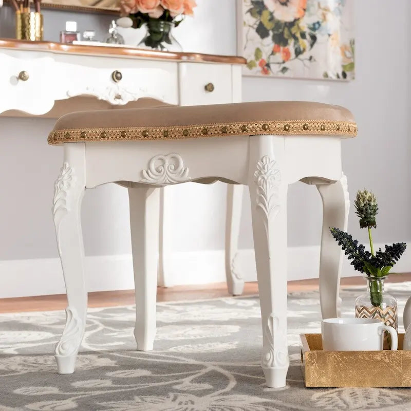 French Country Upholstered Vanity Ottoman with Nailhead Trim and Floral Detail