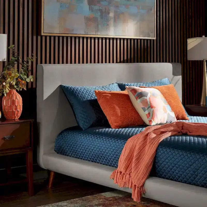 Mid-Century Modern Upholstered Platform Bed with Tapered Legs