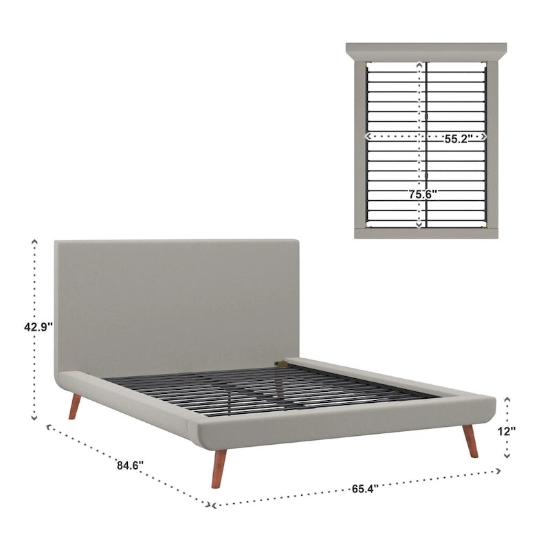 Mid-Century Modern Upholstered Platform Bed with Tapered Legs