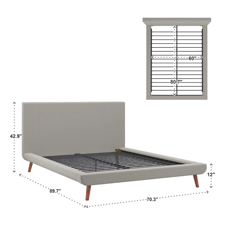 Mid-Century Modern Upholstered Platform Bed with Tapered Legs
