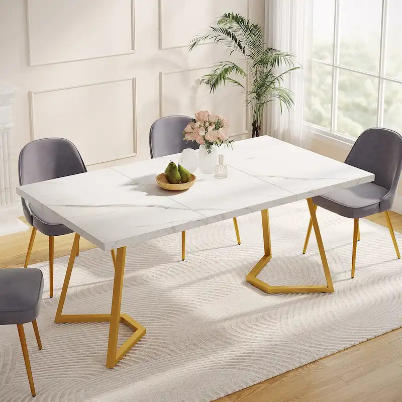 55-Inch Modern Dining Table with Faux Marble Top and Metal Frame — Seats 4 to 6