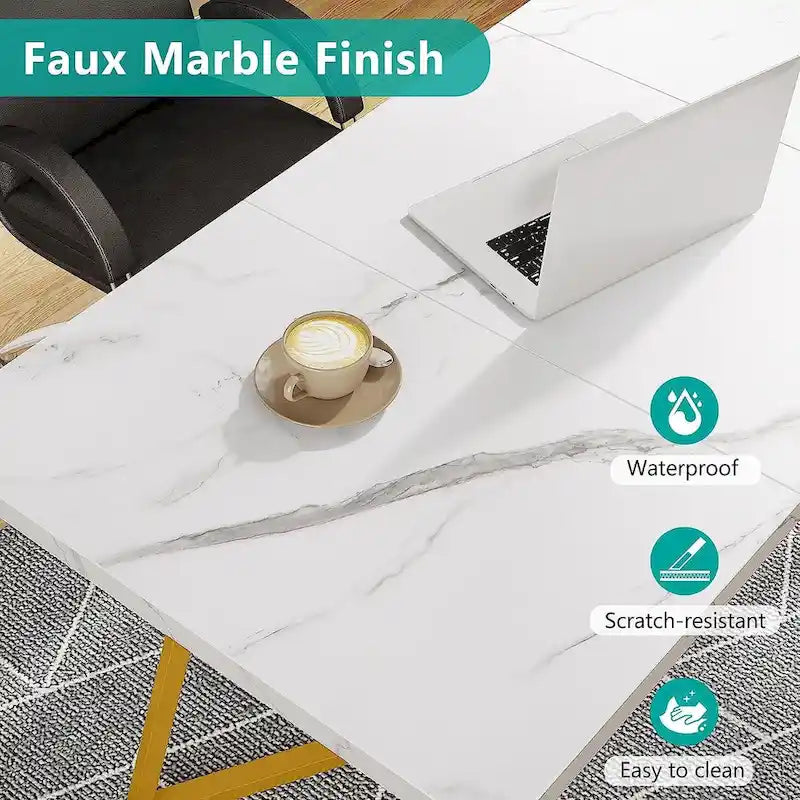 55-Inch Modern Dining Table with Faux Marble Top and Metal Frame — Seats 4 to 6