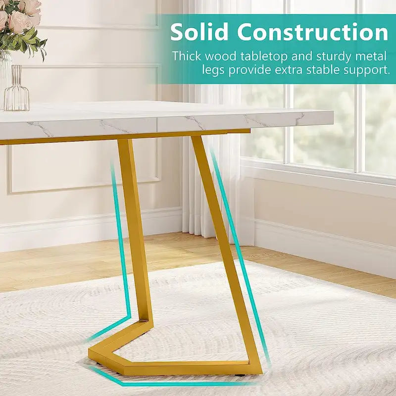 55-Inch Modern Dining Table with Faux Marble Top and Metal Frame — Seats 4 to 6