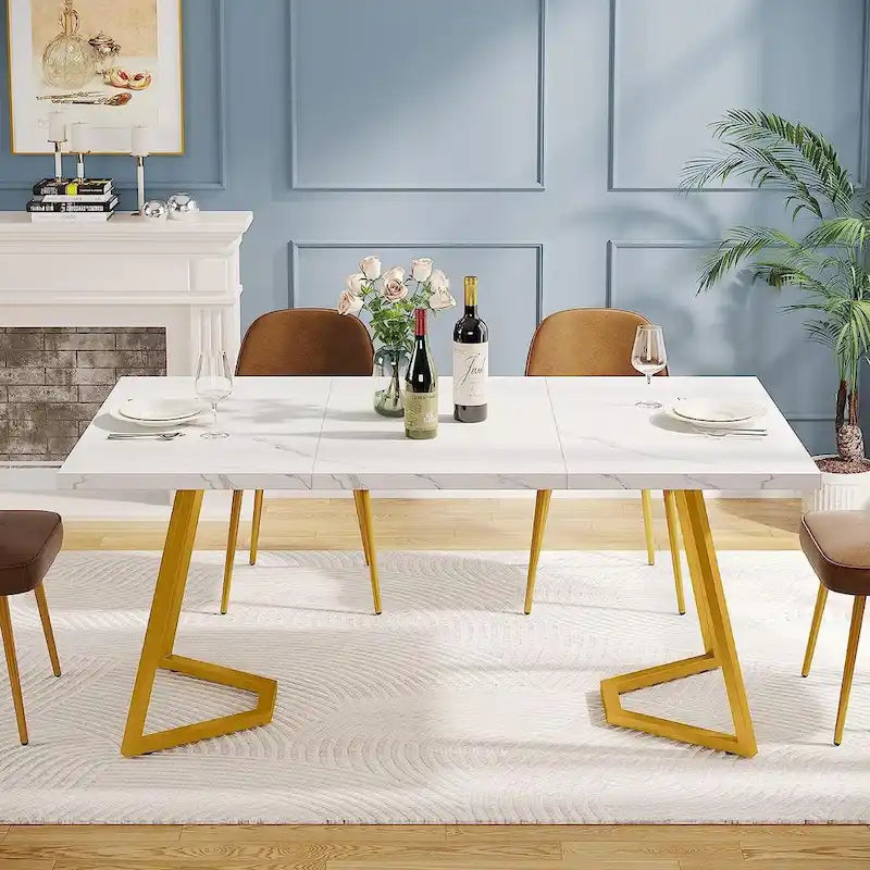 55-Inch Modern Dining Table with Faux Marble Top and Metal Frame — Seats 4 to 6