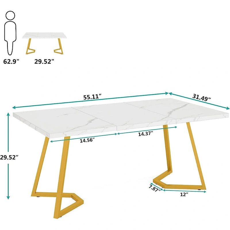 55-Inch Modern Dining Table with Faux Marble Top and Metal Frame — Seats 4 to 6