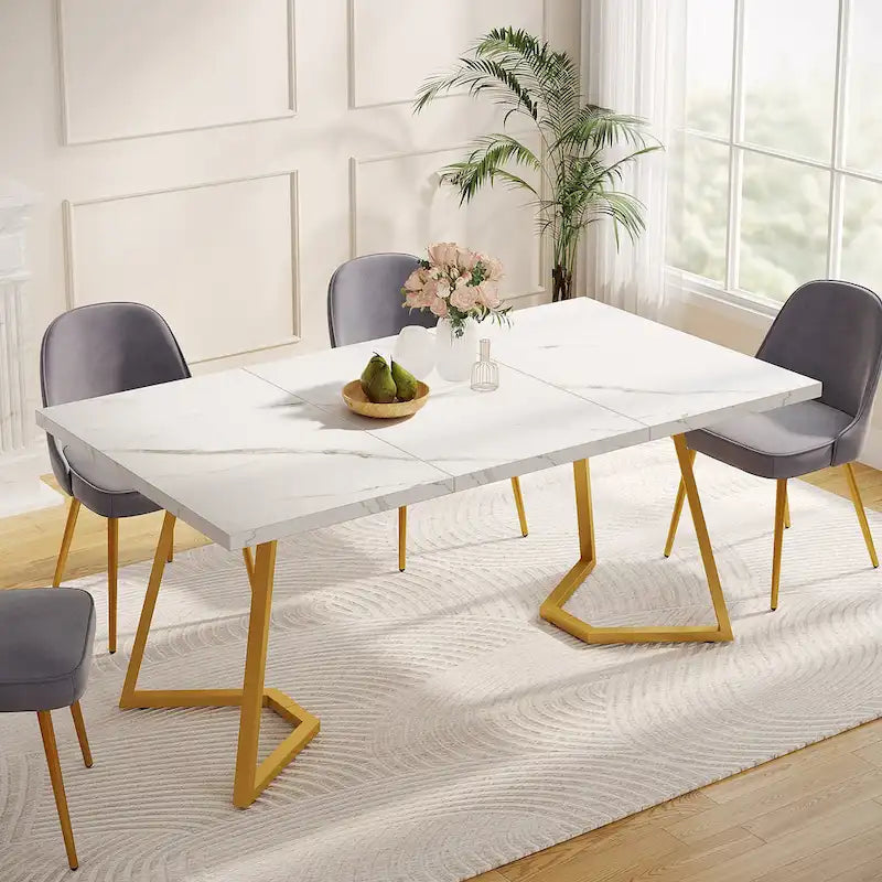 55-Inch Modern Dining Table with Faux Marble Top and Metal Frame — Seats 4 to 6