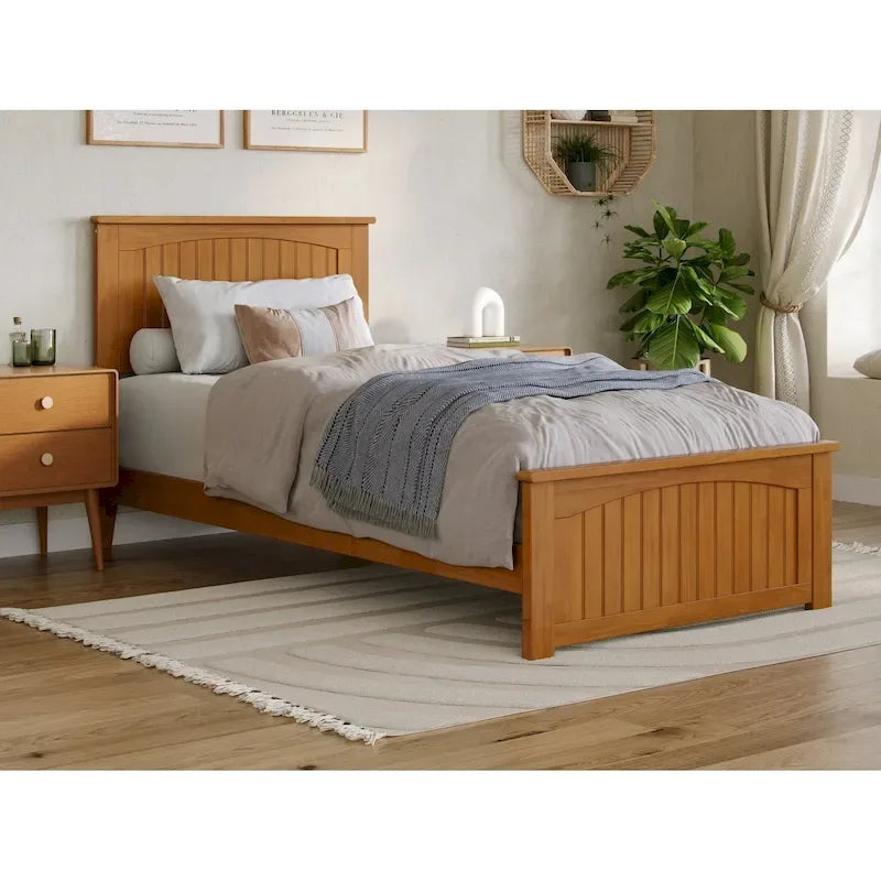 Solid Wood Low Profile Platform Bed with Grooved Headboard, Footboard and USB Charging