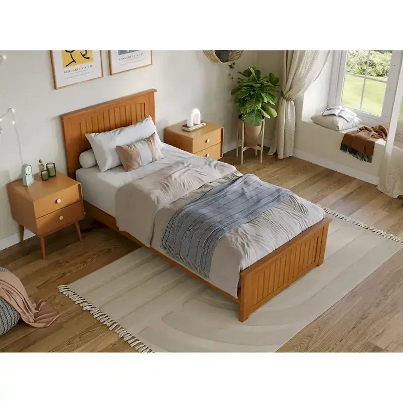 Solid Wood Low Profile Platform Bed with Grooved Headboard, Footboard and USB Charging