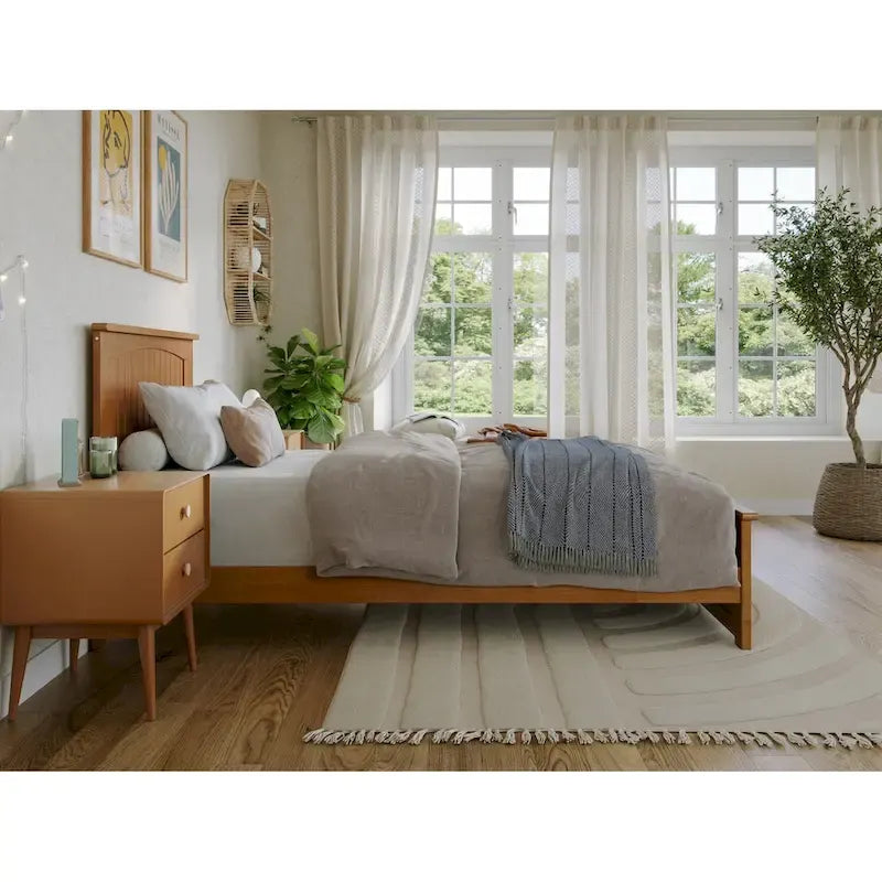 Solid Wood Low Profile Platform Bed with Grooved Headboard, Footboard and USB Charging