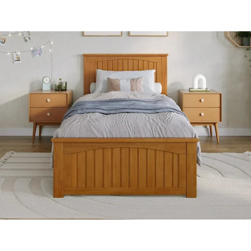 Solid Wood Low Profile Platform Bed with Grooved Headboard, Footboard and USB Charging