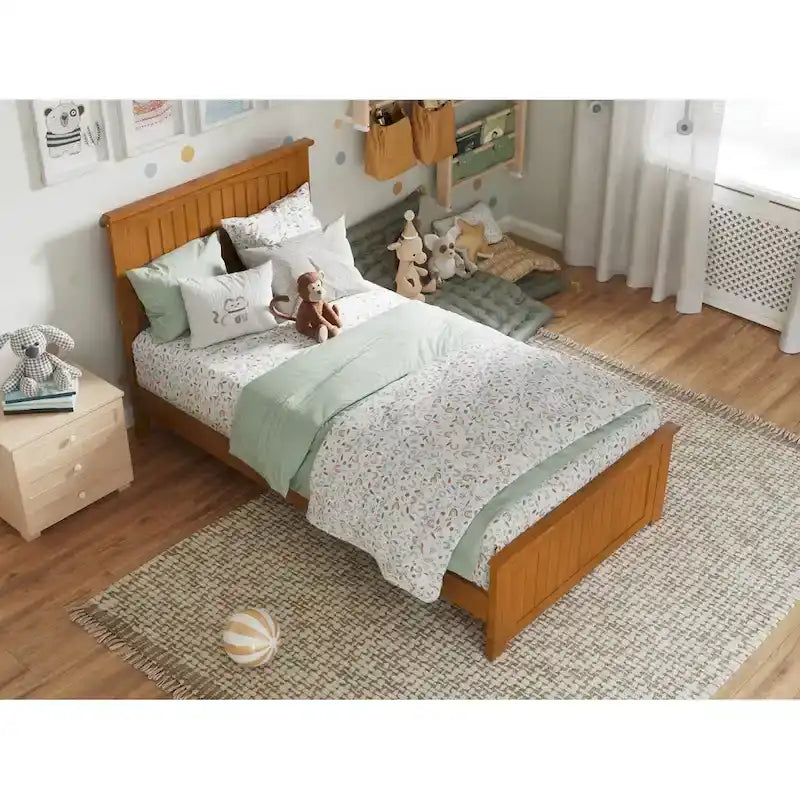 Solid Wood Low Profile Platform Bed with Grooved Headboard, Footboard and USB Charging