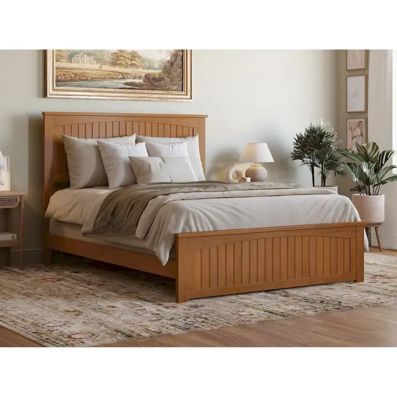 Solid Wood Low Profile Platform Bed with Grooved Headboard, Footboard and USB Charging
