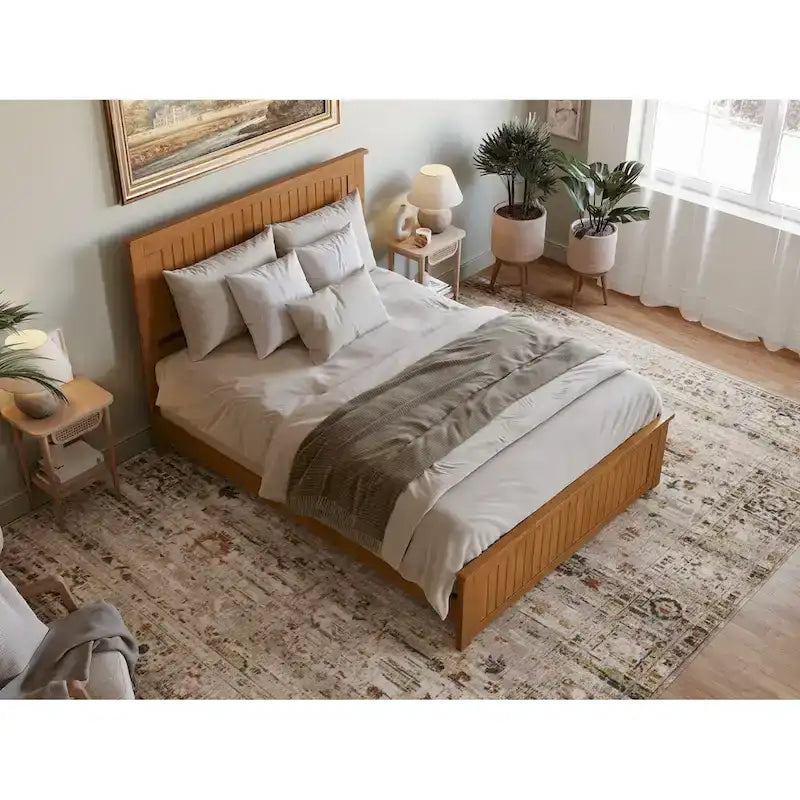 Solid Wood Low Profile Platform Bed with Grooved Headboard, Footboard and USB Charging
