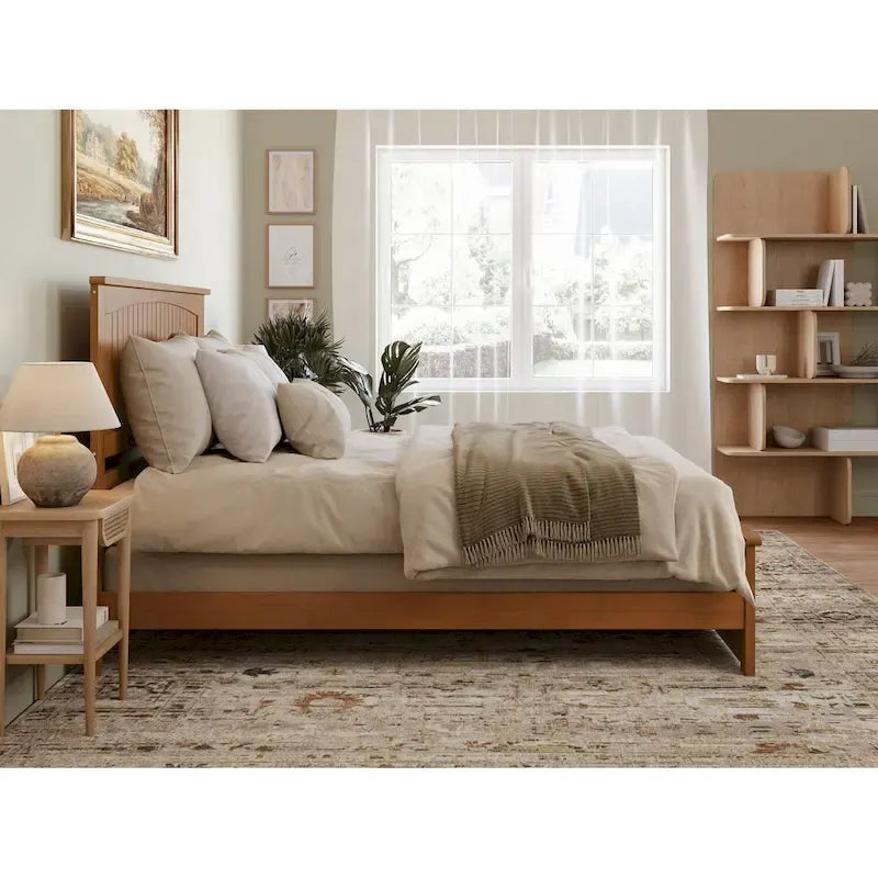 Solid Wood Low Profile Platform Bed with Grooved Headboard, Footboard and USB Charging