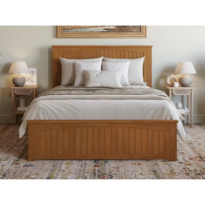 Solid Wood Low Profile Platform Bed with Grooved Headboard, Footboard and USB Charging