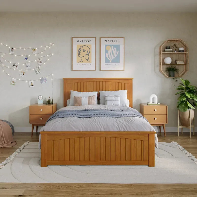 Solid Wood Low Profile Platform Bed with Grooved Headboard, Footboard and USB Charging