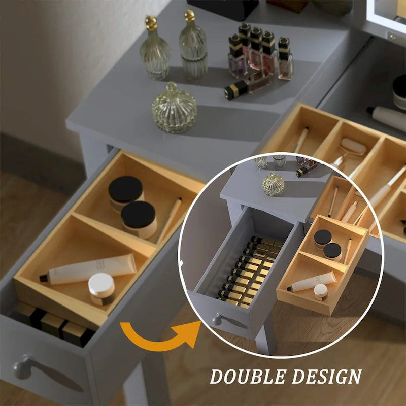 Vanity Dressing Table with Flip-Top LED Mirror, 2 Drawers and Jewelry Storage