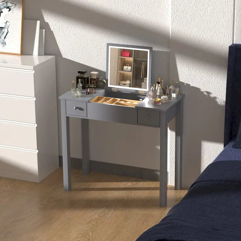 Vanity Dressing Table with Flip-Top LED Mirror, 2 Drawers and Jewelry Storage