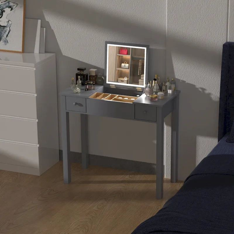 Vanity Dressing Table with Flip-Top LED Mirror, 2 Drawers and Jewelry Storage
