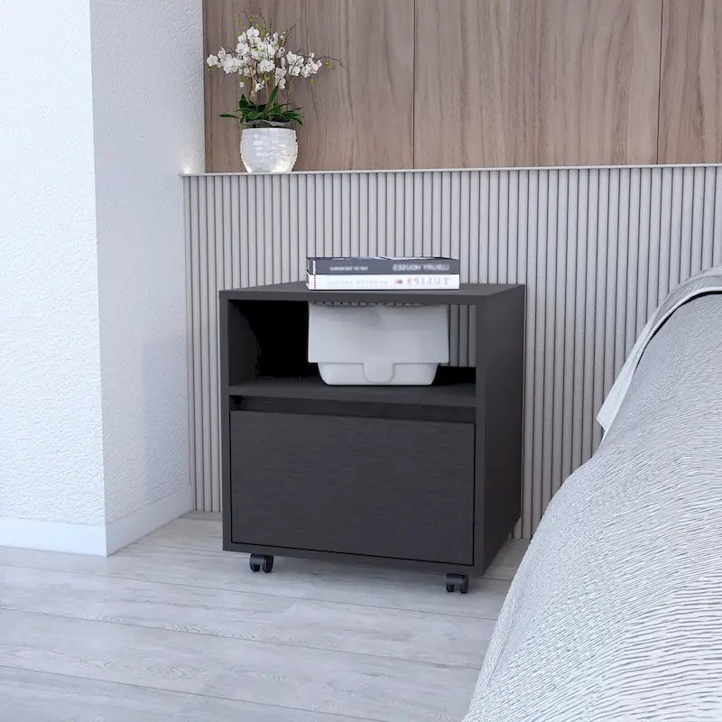 Modern 1-Drawer Nightstand with Open Shelf & Rolling Casters — Compact Bedside Table