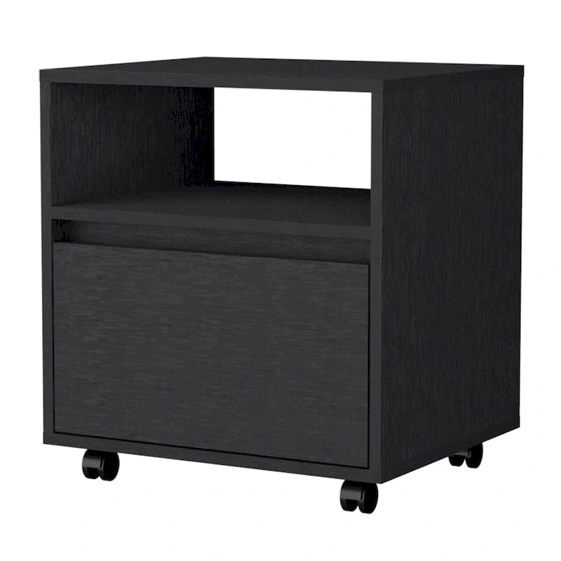 Modern 1-Drawer Nightstand with Open Shelf & Rolling Casters — Compact Bedside Table
