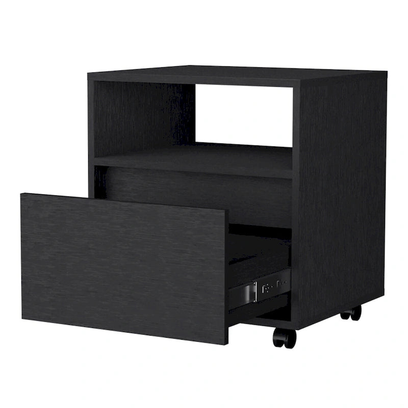 Modern 1-Drawer Nightstand with Open Shelf & Rolling Casters — Compact Bedside Table