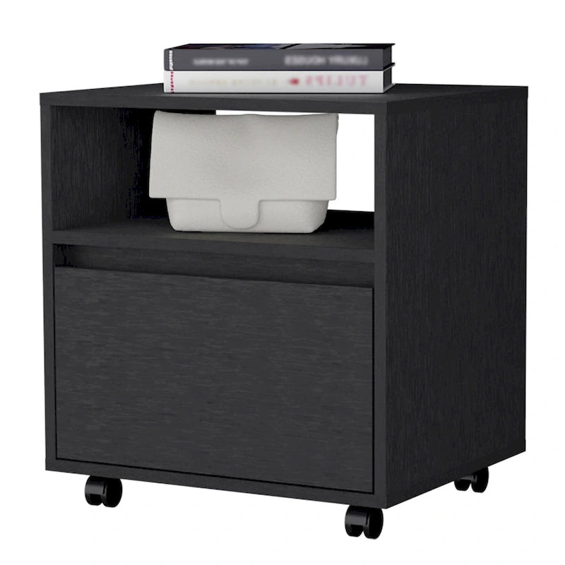Modern 1-Drawer Nightstand with Open Shelf & Rolling Casters — Compact Bedside Table
