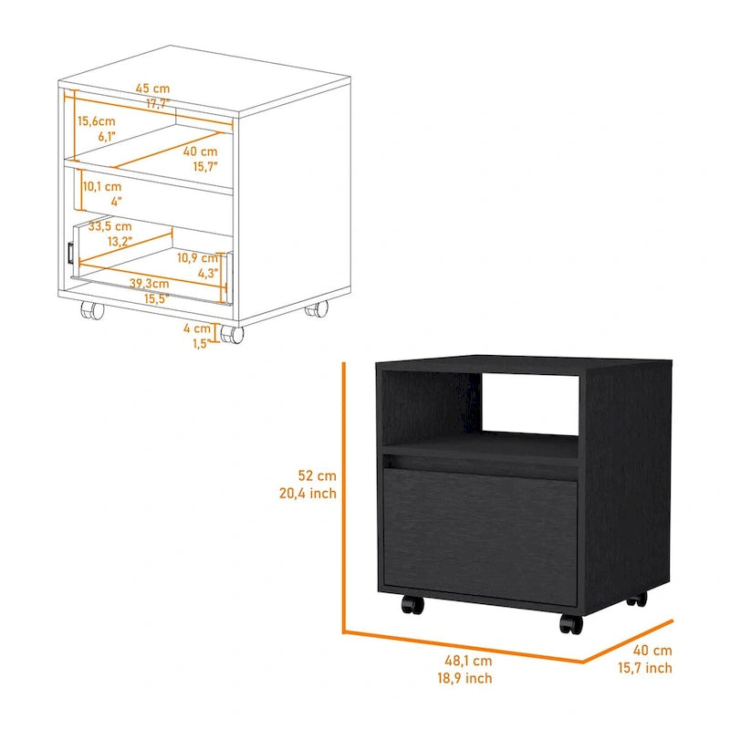 Modern 1-Drawer Nightstand with Open Shelf & Rolling Casters — Compact Bedside Table