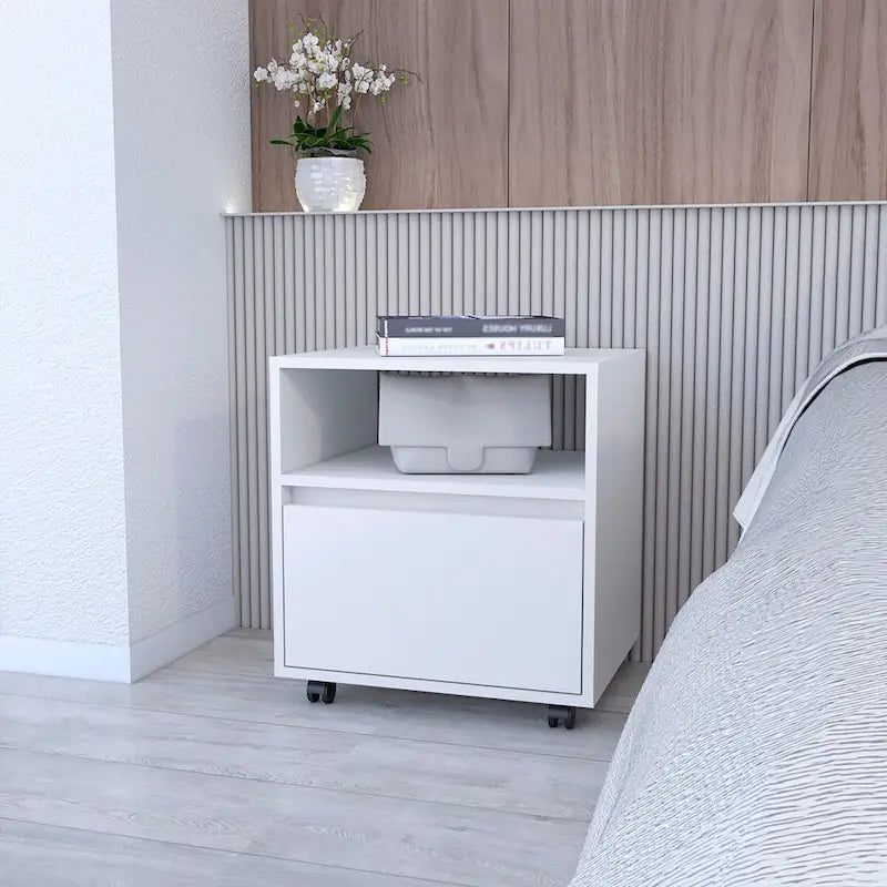 Modern 1-Drawer Nightstand with Open Shelf & Rolling Casters — Compact Bedside Table