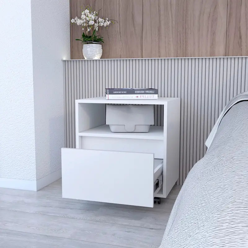 Modern 1-Drawer Nightstand with Open Shelf & Rolling Casters — Compact Bedside Table