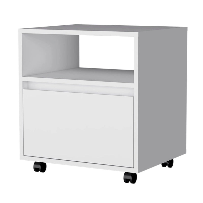 Modern 1-Drawer Nightstand with Open Shelf & Rolling Casters — Compact Bedside Table