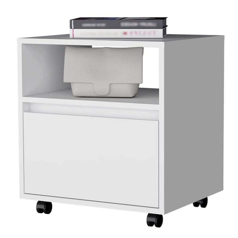 Modern 1-Drawer Nightstand with Open Shelf & Rolling Casters — Compact Bedside Table