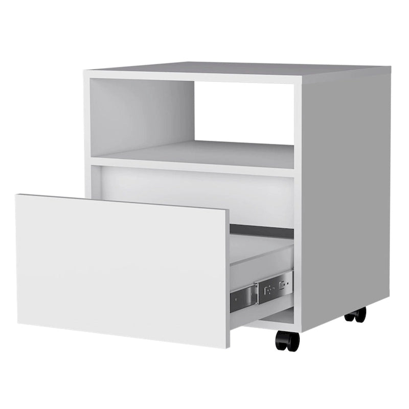 Modern 1-Drawer Nightstand with Open Shelf & Rolling Casters — Compact Bedside Table