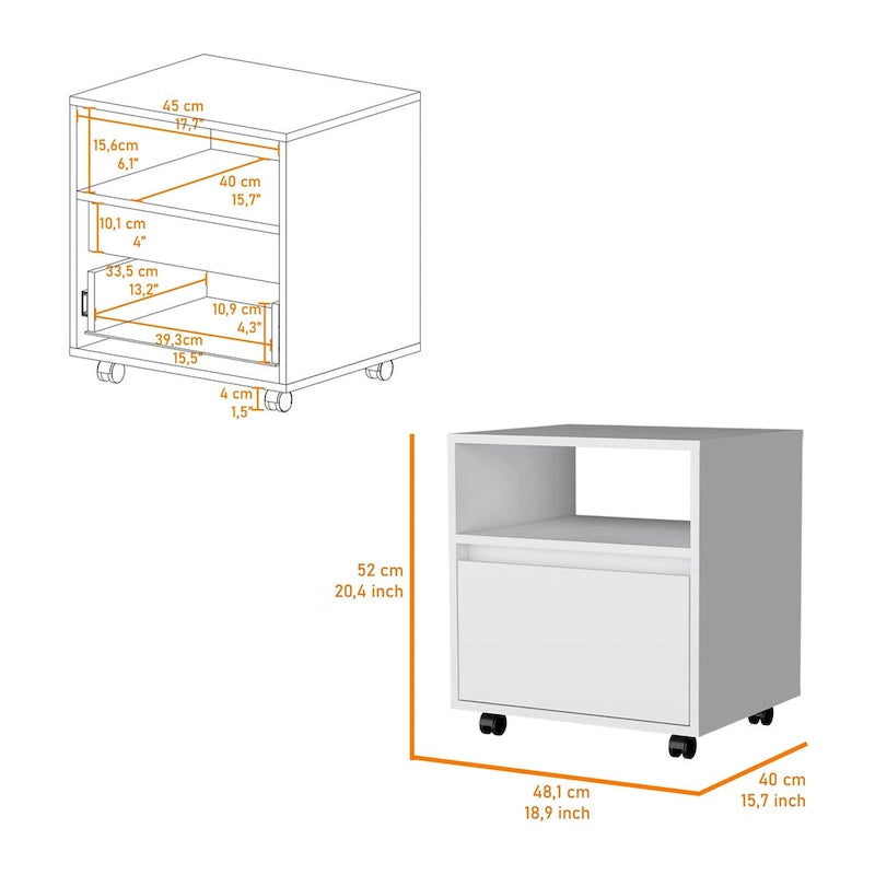 Modern 1-Drawer Nightstand with Open Shelf & Rolling Casters — Compact Bedside Table