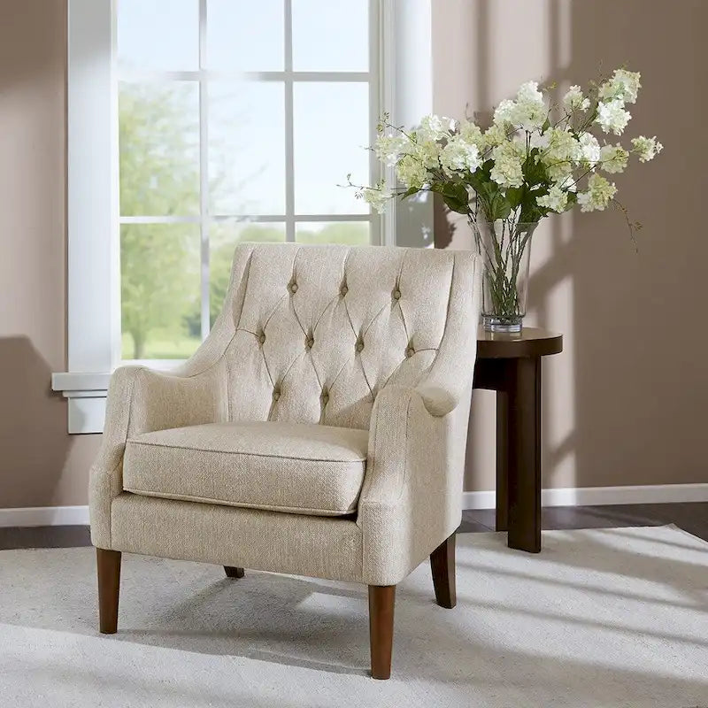 Button-Tufted Upholstered Accent Chair with Solid Wood Legs & Removable Seat Cushion