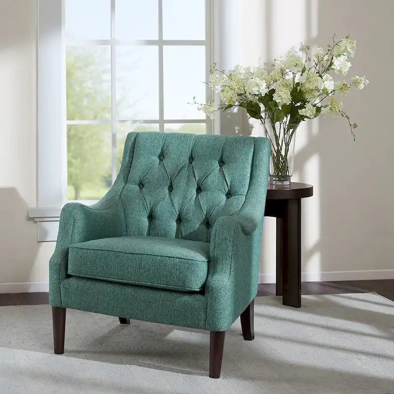 Button-Tufted Upholstered Accent Chair with Solid Wood Legs & Removable Seat Cushion