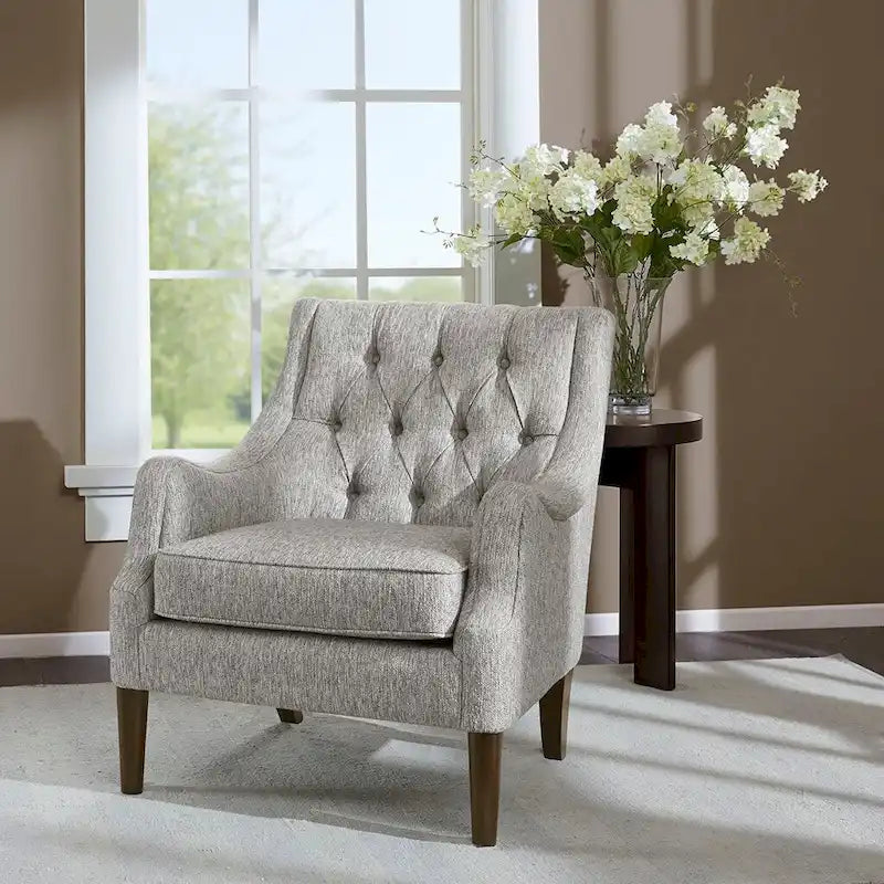 Button-Tufted Upholstered Accent Chair with Solid Wood Legs & Removable Seat Cushion