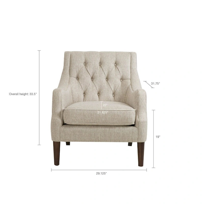 Button-Tufted Upholstered Accent Chair with Solid Wood Legs & Removable Seat Cushion