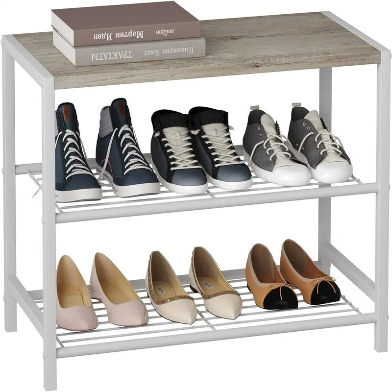 3-Tier Entryway Shoe Rack with Flat Top Shelf — Wood Accent Finish