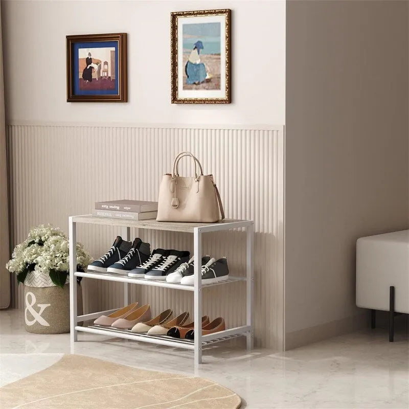 3-Tier Entryway Shoe Rack with Flat Top Shelf — Wood Accent Finish
