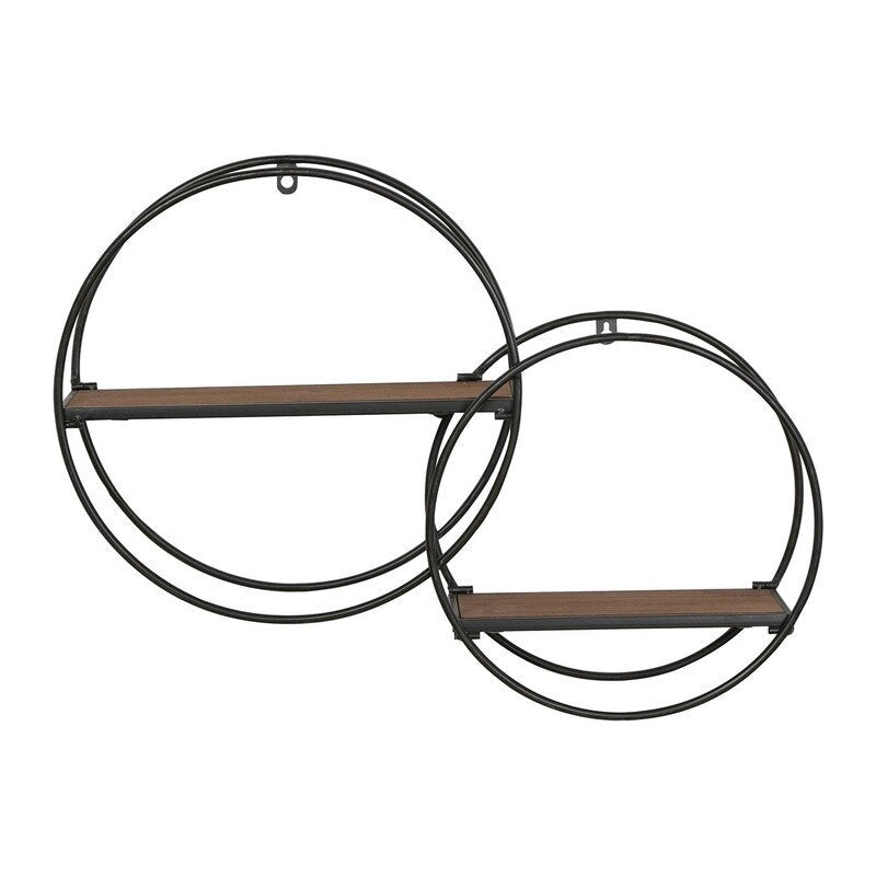 Geometric Metal Circle Wall Shelf with Staggered Wood Shelves