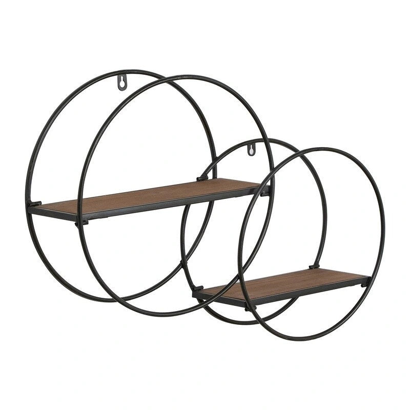 Geometric Metal Circle Wall Shelf with Staggered Wood Shelves