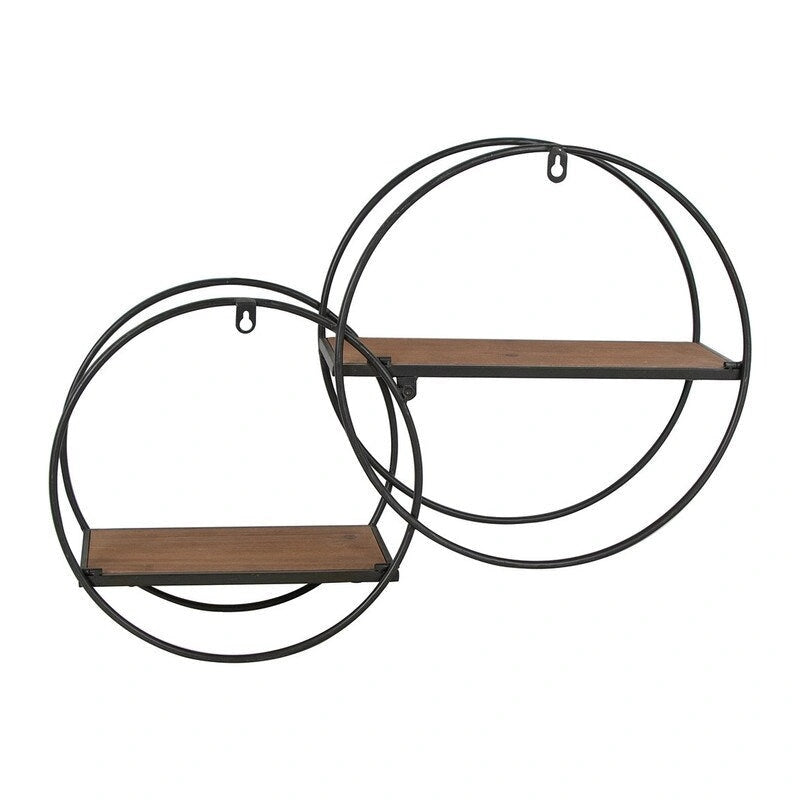 Geometric Metal Circle Wall Shelf with Staggered Wood Shelves