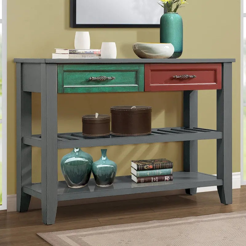 Mid-Century Wood Buffet Sideboard with 2 Drawers and 2-Tier Open Shelves