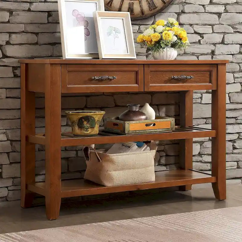 Mid-Century Wood Buffet Sideboard with 2 Drawers and 2-Tier Open Shelves