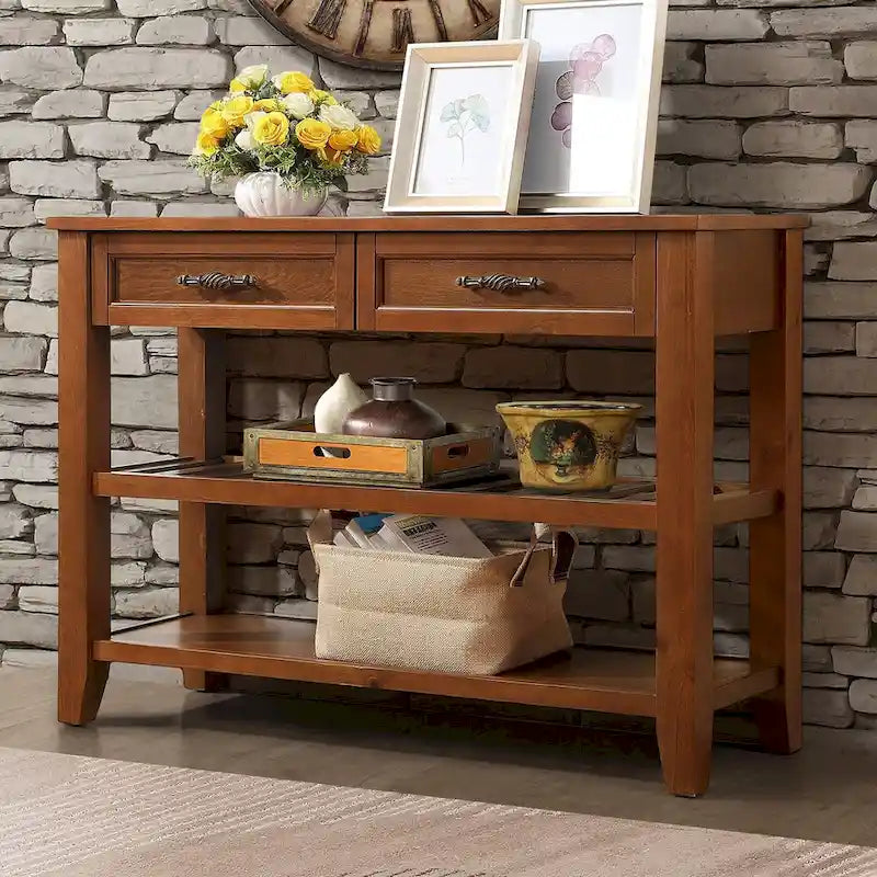 Mid-Century Wood Buffet Sideboard with 2 Drawers and 2-Tier Open Shelves