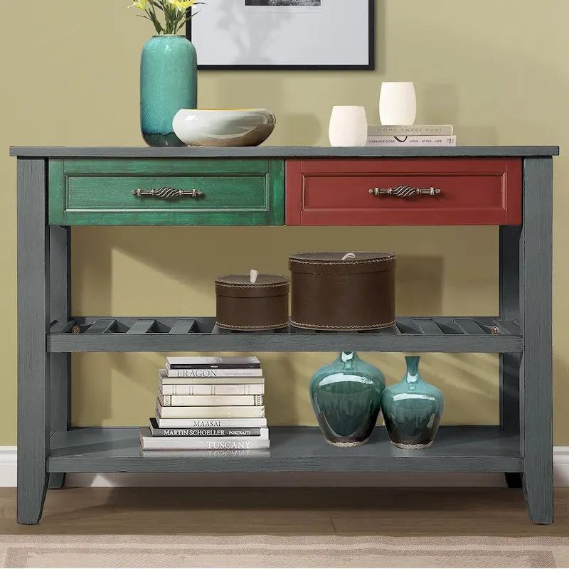 Mid-Century Wood Buffet Sideboard with 2 Drawers and 2-Tier Open Shelves